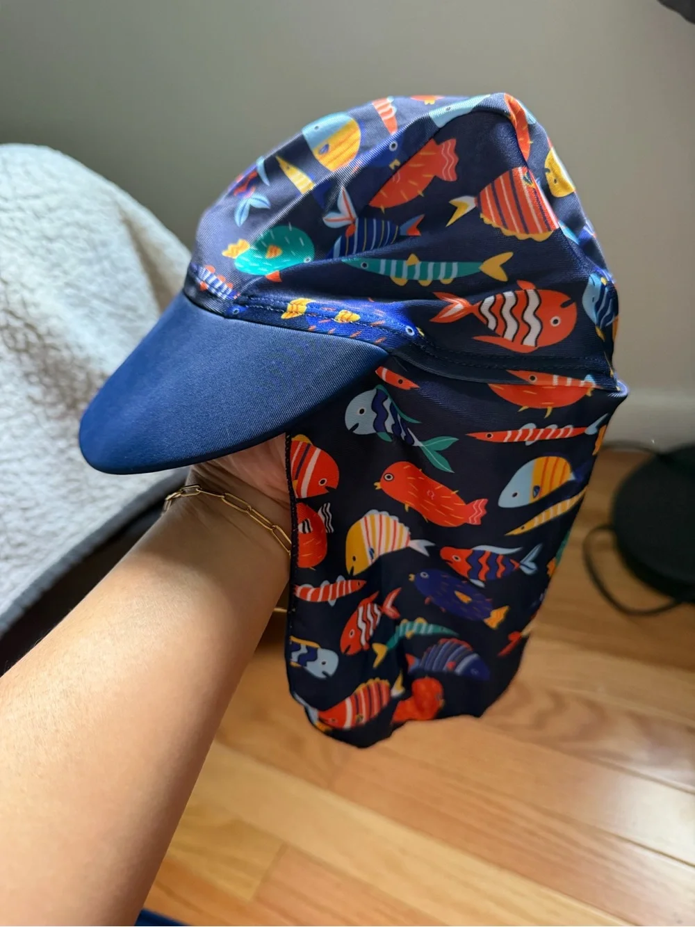 Kids Navy Blue Fish Print Long Sleeve Rash Guard Suit with hat